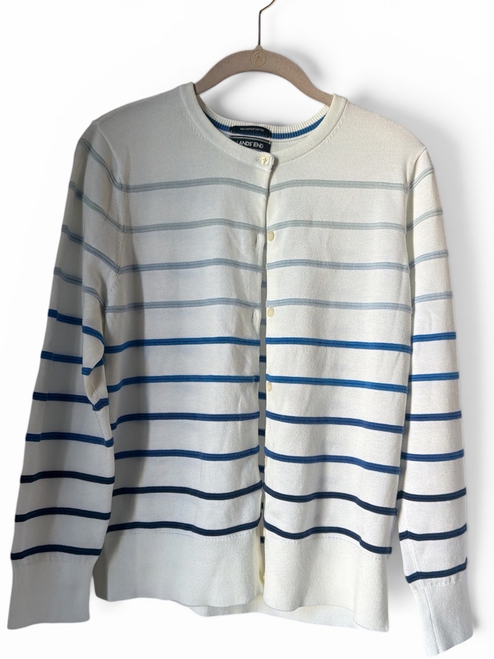Lands' End 100% Supima Cotton White Cardigan Sweater Hombre Blue Stripes Large